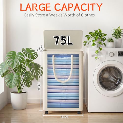 Vincona 75L Slim Rolling Laundry Hamper with Lid, Beige, 26.8" Tall, 4-Wheel Foldable
