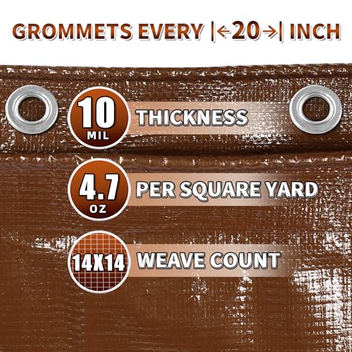 Brown Tarp 20x30 Feet, 10 Mil Waterproof Poly Tarp, Medium Duty, Reinforced Corners
