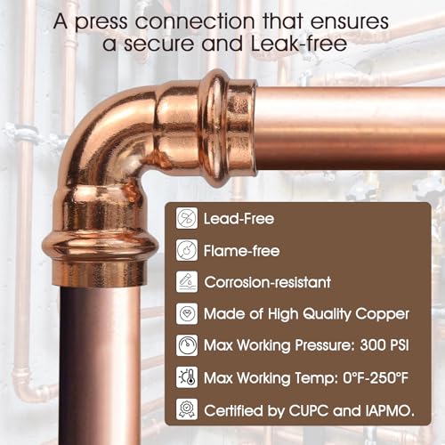 1/2 Inch Copper Press Fittings Kit with Coupling, 90° Elbow & Tee - Zero Lead, CUPC & IAPMO Certified, DIY Plumbing Repair