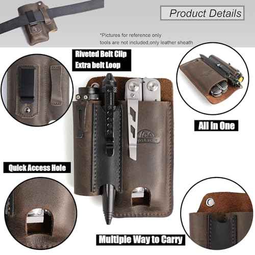 Topstache Leather Multitool Sheath with Belt Clip - Multitool Holster for Belt - EDC Belt Organizer Fits, Flashlight, Pen - Leather Pouch - Holder, Dark Brown
