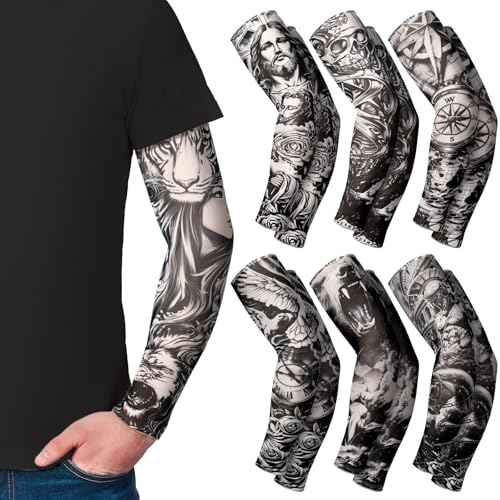 Boao 12 Pcs Temporary Tattoo Sleeve for Men Cooling Arm Sleeves Long Fingerless Arm Cover Anti Slip UV Protection Sun