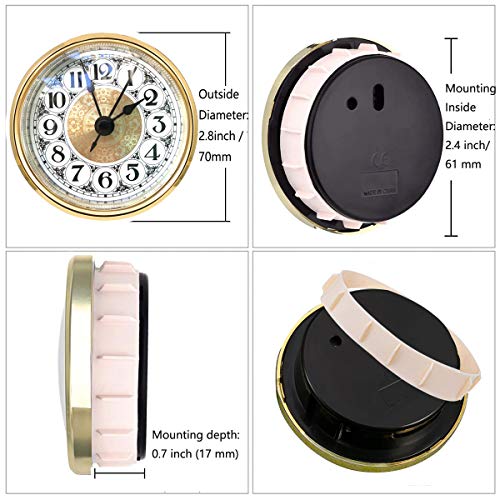HILLHOME Mini Quartz Clock Insert 2.8 Inch Round White Dial Gold Trim - Fits 2.4 Inch Hole