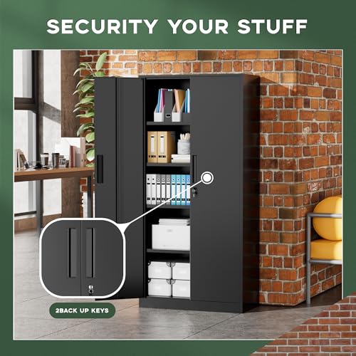 Greenvelly 72 Inch Black Metal Cabinet with 4 Shelves, Locking Doors, Heavy Duty Garage Storage