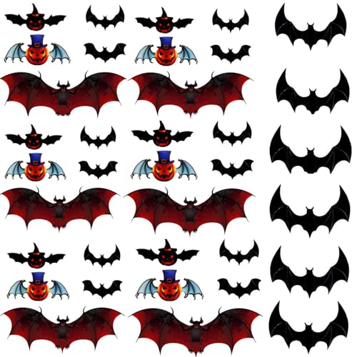 36PCS Halloween Bat Decorations Orange and Black 3D Wall Bat Decor Bathroom 5 Different Sizes Realistic PVC Scary Bat Sticker for Home Decor DIY Wall Decal Bathroom Indoor Halloween Party Supplies
