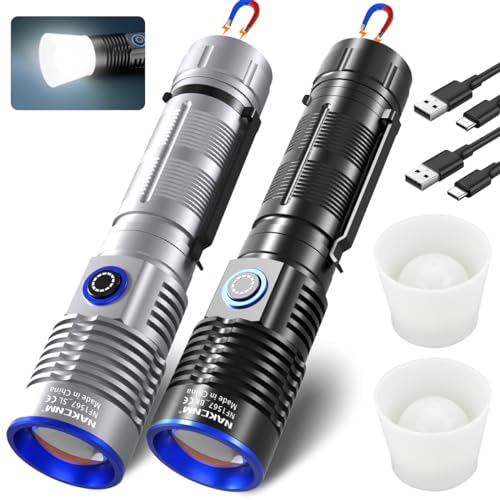 NAKCNM Rechargeable Flashlights High Lumens, 2 Pack 2500 Lumens 4 Modes, Small Magnetic Flashlight Pocket with Clip & Diffuser, Handheld Flashlight Lantern for Camping(Black&Silver)