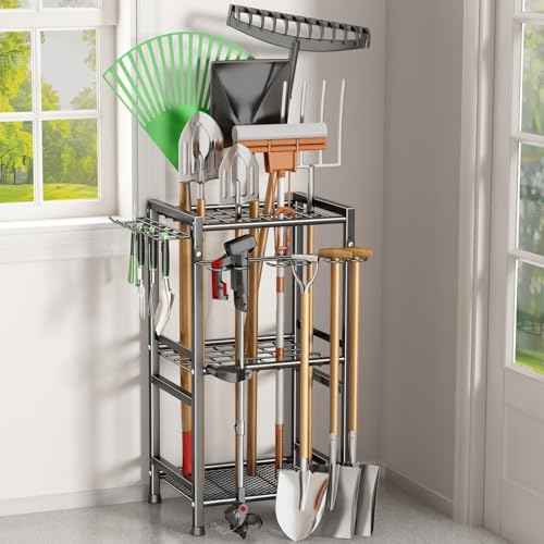 Garden Tool Organizer Storage Metal Yard Tool Organizer Heavy Duty Garden Tool Rack Stand with Extra Hooks, Up To 35 Long Handled Shovels/Rakes/Brooms Holder for Garage,Shed,Outdoor(Black)