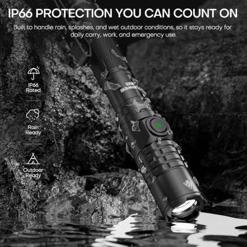 TUOWEE Black Rechargeable 1200 Lumens Tactical EDC Flashlight with Dual Modes