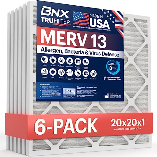 BNX TruFilter 20x20x1 MERV 13 Air Filter 6-Pack for HVAC, Allergies, Dust, Smoke - Made in USA