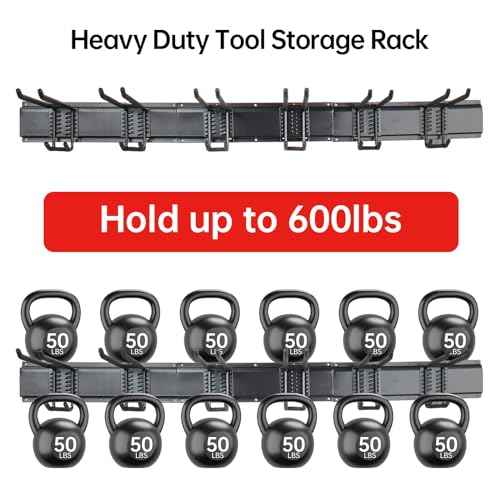 Garage Storage Rack Hooks, 48 Inch Heavy Duty Wall Mount Garage Organization with 3 Rails and 6 Adjustable Double Wall Hooks,Hanging Shelves for Garden Tool/Broom/Mop(Black)