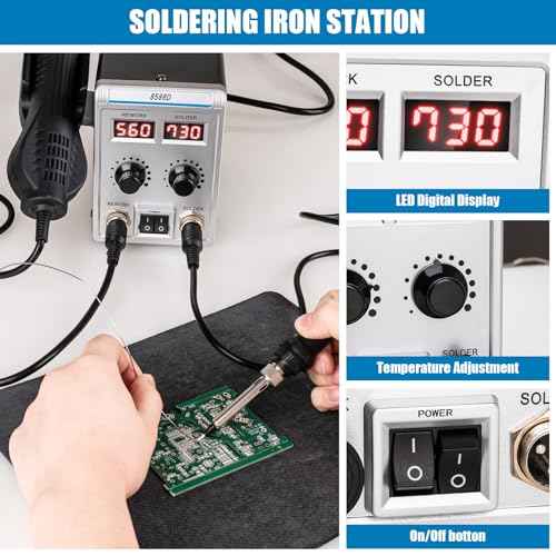8586D 2 In 1 Soldering Station, SMD Hot Air Rework Station LED Dual Digital Display with Heat Gun and Solder Iron Kit, Electric Soldering Iron Station with Temperature Control, Auto Sleep Functions