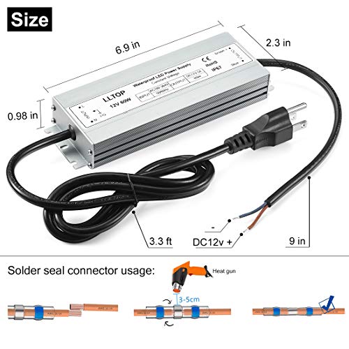 LLTOP 12V 60W Waterproof IP67 LED Driver Power Supply 5A - UL Certified