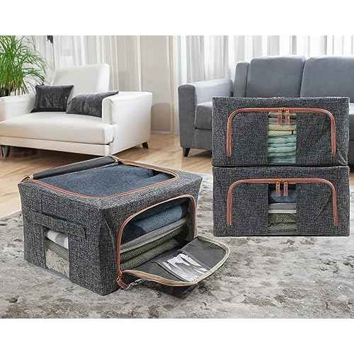 Linen Clothes Storage Bins, 4PCS Sturdy Closet Organizers and Storage Bin with Metal Frame, 2 Opening Ways Fabric Visible Lidded Storage Box for Organizing Clothing,Jeans,Sheets (4PC Gray, 22Liters)