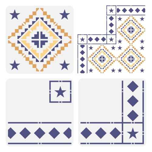 FINGERINSPIRE 3 Pcs Floor Tile Stencil 11.8x11.8inch Reusable Star Mosaic Tiles Painting Template Border & Corners Stencil Concrete DIY Stencils for Patio, Floor Tile, Wall. Home Decoration