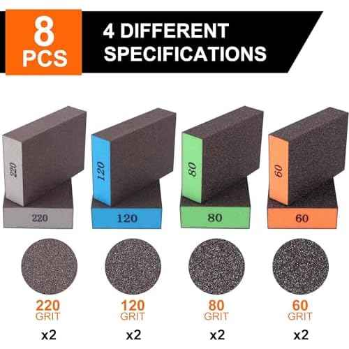 Romeda 8-Pack Sanding Sponge, Four Grits Per Pack 60/80/120/220, Washable and Reusable Handmade Sandpaper Block, Drywall Sandpaper Blocks for Wooden Drywall Sheetrock and Metal Glazing