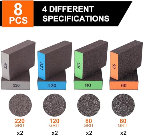 Romeda 8-Pack Sanding Sponges with 4 Grits - Washable & Reusable Drywall & Wood Blocks (60/80/120/220 Grits)