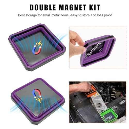 Collapsible Magnetic Parts Tray, 4.5 Inch Foldable Magnetic Square Silicone Tray, Tool Tray Set with Double-Sided Magnetic Base for Screw Bolts Nuts Pins, Car Accessories (Purple)