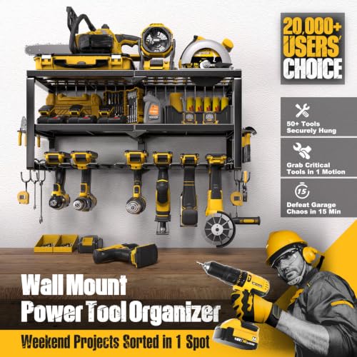 Spampur Power Tool Organizer Wall Mount with 3 Shelves & 7 Slots - Heavy Duty Metal Garage Storage Rack with Battery & Tool Holders
