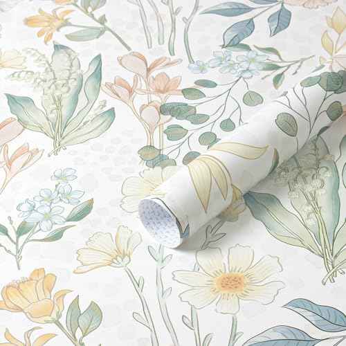 Heroad Floral Wallpaper Peel and Stick Boho Contact Paper Wildflower Botanical Wallpaper Removable Self-Adhesive Floral Contact Paper for Bedroom Bathroom Decoration Thicken Vinyl 17.3'' x 78.7''
