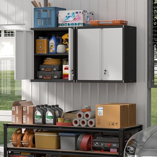 STEELIST 28"h Wall-Mounted Locking Cabinet with Doors & Shelves – Heavy-Duty Steel Tool Cabinet, Grey/Black