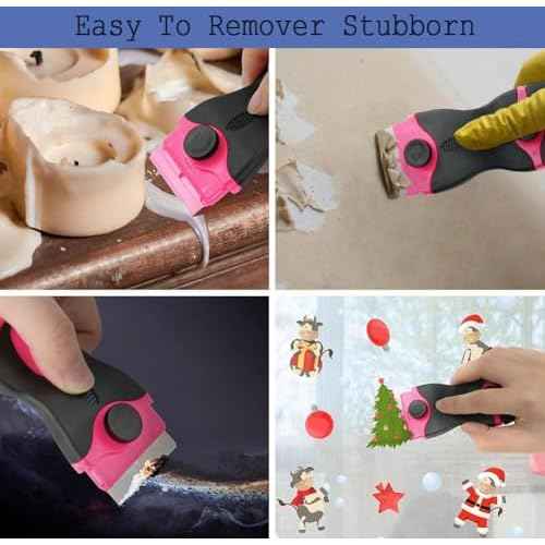 2PCS Razor Blade Scraper, Double Edged Razorblade Scraping Tool with 30Pcs Razor Blades, Paint Scraper for Glass, Decals, Tint, Stickers, Labels, Caulk, Adhesive (Pink)