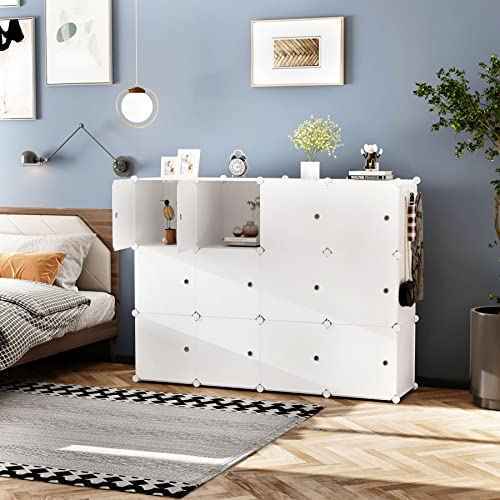 C&AHOME Cube Storage Organizer with Doors, 12-Cube Shelves, Closet Cabinet, DIY Plastic Modular Bookshelf Ideal for Bedroom, Living Room, 36.6¡±L x 12.4¡±W x 48.4¡±H Milky USHS3012M-DOOR