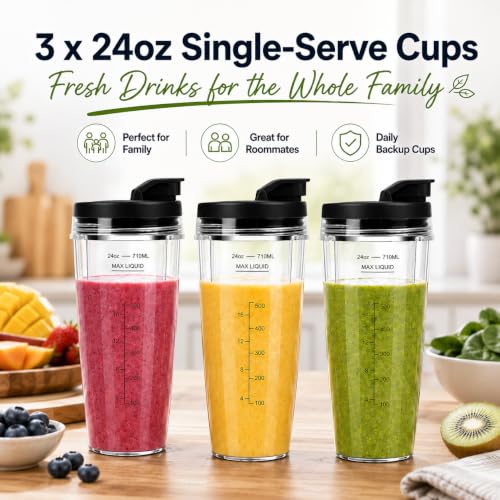 3x 24oz Ninja Blender Cups with To-Go Lids Replacement for BN401, BL450, BL456, BL480, BN751, BN801, SS101, SS151