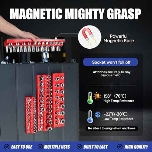 6PCS Magnetic Socket Organizer Set, SAE & Metric Magnetic Socket Holder, 1/4"", 3/8"", 1/2"" Magnetic Socket Trays, 141 Pieces Deep & Shallow Sockets Organizer., Blue&red, HIP-010