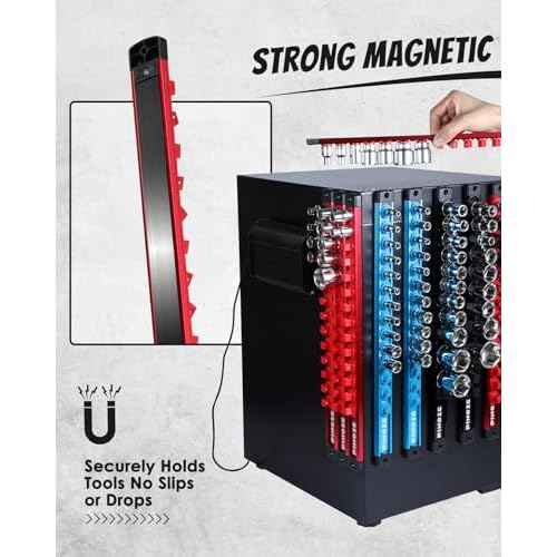 3/8" Magnetic Socket Holder Organizer - Aluminum Alloy Socket Rail Tray for Tool Box Drawer, Socket Rack with Extra 2Pcs Replacement Clips for Automotive Garage(Red)