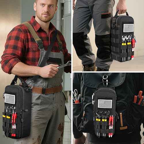 Heavy Duty Small Tool Bags for Men with Carabiner,Tactical Tool Pouch Bag,Portable Utility Tools Storage Organizer Case with Shoulder Strap for EDC,Motorcycle,Camping, Road Trip, Electricians,Black