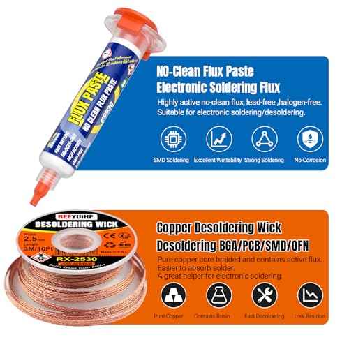 Electrical Soldering Flux Paste (10cc Syringe) with Desoldering wick Braid (3M/10ft 2.5mm) for Electronics Soldering Repairs Remover Kit
