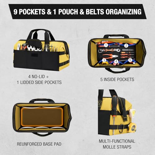 HISEA 16-Inch Waterproof Heavy Duty Tool Bag in Navy, Yellow, Red - Multi-Pocket Organizer