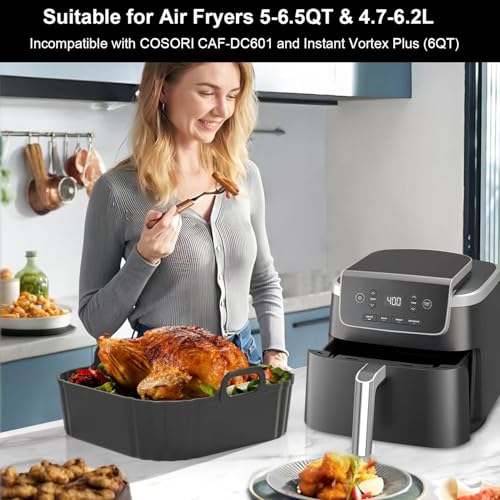 PINTAUR Square Silicone Air Fryer Liners 5-6.5QT Black for Ninja AF141/181