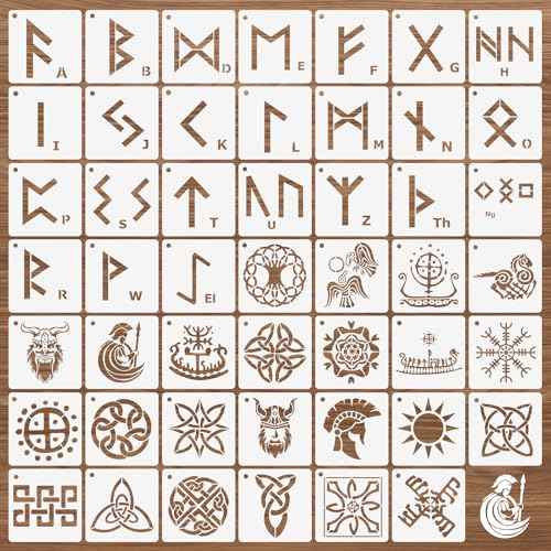 48 Pcs Runes Stencils for Painting on Wood, 3x3 Inch Small Viking Symbol Tree of Life Reusable Painting Template for Wood Burning, Crafts Drawing Stencil for Spray Painted Card Canvas Wall Decor