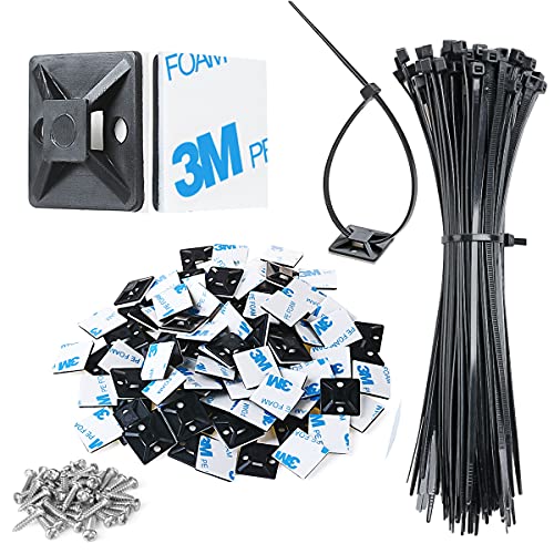 XHF 100pcs Self-Adhesive Black Cable Zip Tie Mounts with 8-Inch Ties & Screws – Outdoor UV Protection