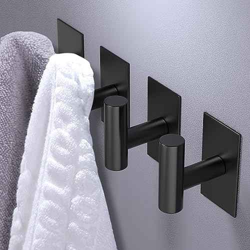 VAEHOLD Wall Towel Hooks, Heavy Duty Sticky Holder Waterproof Towel Hooks for Hanging Coat, Clothes, Closet Hook Wall Mount for Kitchen (Black, 4 Pack)