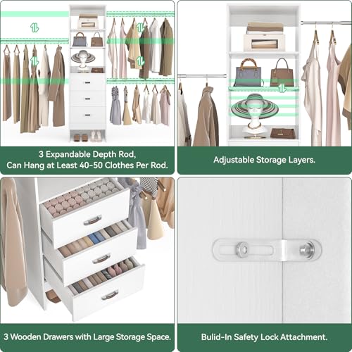 Besiost 96-Inch White Closet Organizer System with 3 Hanging Rods & Wooden Drawers - Adjustable 5-8FT Walk-In Wardrobe