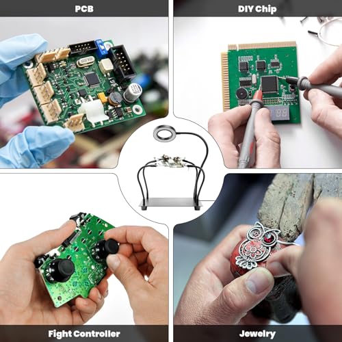 Helping Hands Soldering Station with 5X Magnifying Glass and Light, ELMCONFIG PCB Soldering Holder Metal Circuit Board Holder with 4 Flexible Metal Arms for Soldering, Assembly, Repair