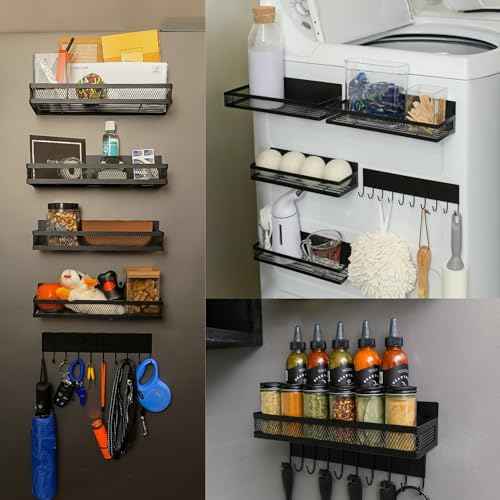 Magik Racks Magnetic Shelves - Ideal Spice Rack & Home Storage Organizer for Kitchen, Entry Way and Laundry Room - 4 Magnetic Shelves + 1 Hook Bar (3.94" x 12.2" x 3.15")