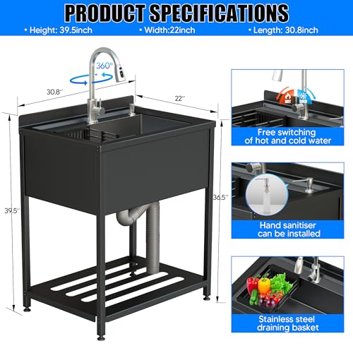 Velpax Black 30.8 x 22 Inch Stainless Steel Utility Sink with Faucet & Drain Kit