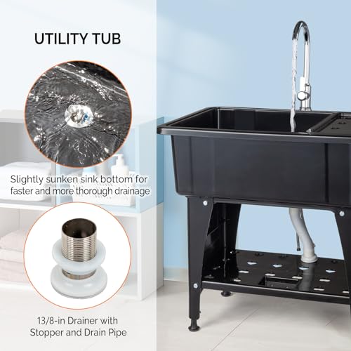 VINGLI Black 20-Gallon Utility Sink with Stainless Steel Faucet, Freestanding Laundry Tub 32W x 22D x 36H