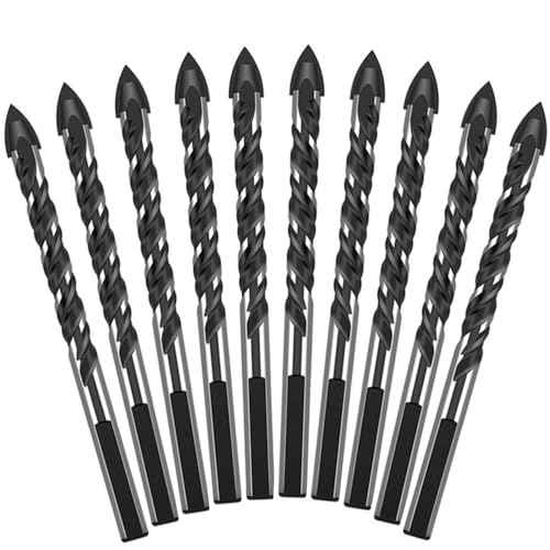 10 PCS 1/4 Inch Carbide Drill Bit Tile Glass Drill Bits 3-Flats Shank Masonry Cement Drill Bit Set for Concrete, Marble, Plastic, Brick, Tile, Wood, Cement