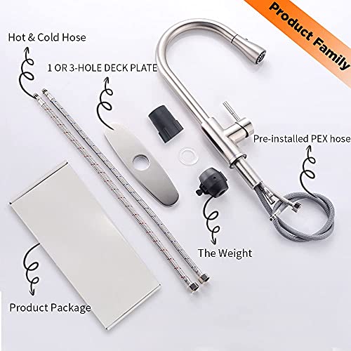 OWOFAN Classic Brushed Nickel Kitchen Faucet with Pull-Down Sprayer, 1-Hole Deck Mount, Stainless Steel