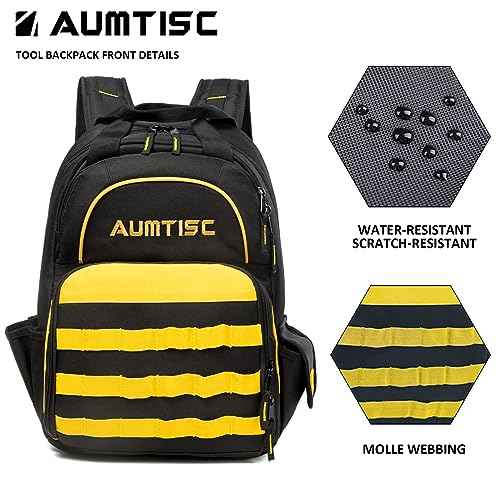 AUMTISC Tool Bag Backpack for Men, Heavy-Duty Tools Storage Organizer Work Bags Backpack for Construction Jobsite, Electrician, Industrial, Repairman, and HVAC Techs, Yellow