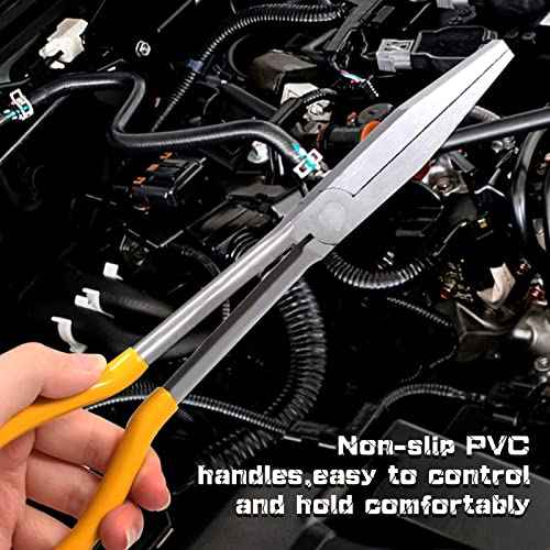 Long Reach Flat Nose Pliers 11-inch Duck Billed Pliers with Serrated Jaws for Automotive Repair Mechanical Work, Long Reach Plier for Hard to Reach Narrow Spaces & Limited Clearance Areas