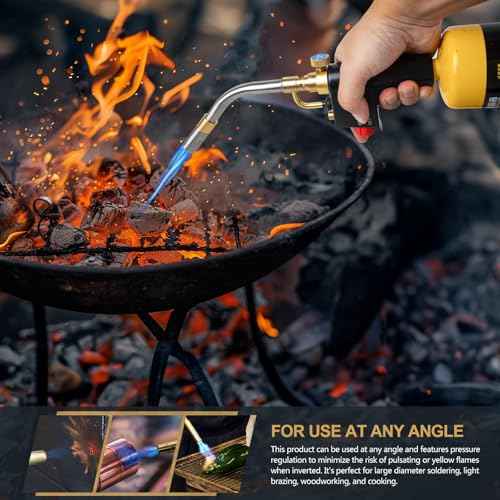 Propane Torch with 3 Tips, Instant on/off Ignition and Flame Lock. Continuous Swirl, Brush Flame for Soldering, Brazing, Woodworking and Cooking