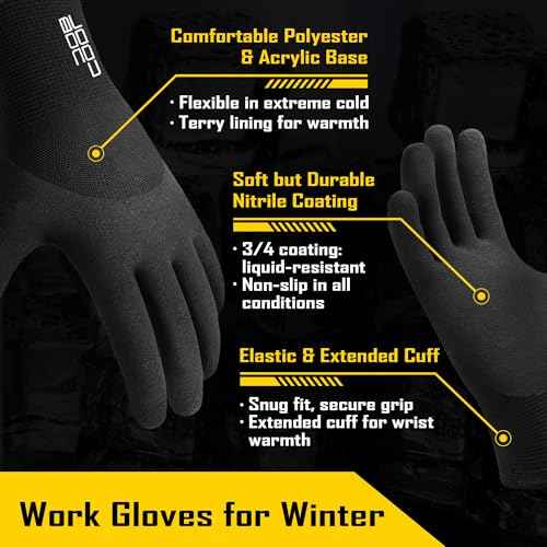 COOLJOB Winter Freezer Work Gloves for Men Women with Grip, Windproof Thermal Warm Fleece Lined, 3/4 Latex Coated for Heavy Duty, Construction, Warehouse, Black, 1 Pair, L