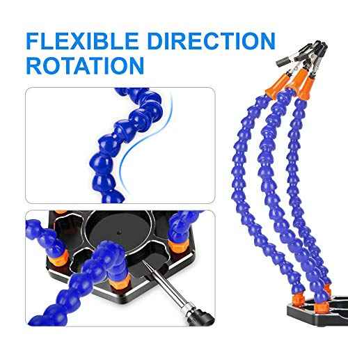 Helping Hand Soldering Third Hands Vise with 6 Flexible Arms LED Flashlight Magnifying Glass Aluminum Base for Soldering, Assembly, Repair, Modeling, Hobby, Crafts, Jewelry Making (Blue)