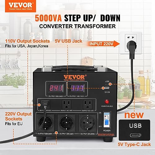 VEVOR 5000W Voltage Converter Transformer Step Up/Down 220V-110V