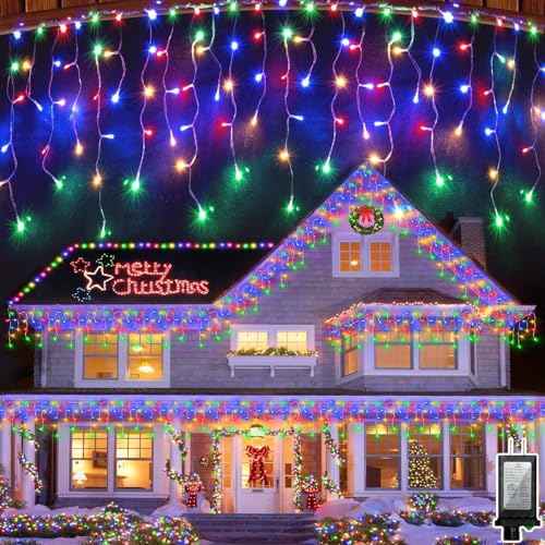 66FT 670 LED Christmas Lights 148 Ice Drops, 12 Modes and Timer Memory Dimmable, Outdoor Waterproof Hanging String Light for Xmas Holiday Wedding Garden Fence House Tree Outside Decor (Multicolor)