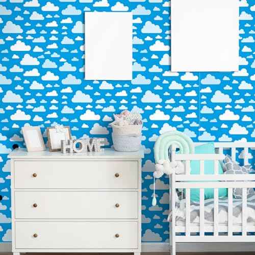 Cartoon Wallpaper Peel and Stick Blue Sky White Clouds Removable Wallpaper Vinyl Self Adhesive Cartoon Room Decor Photo Background for Room Playroom Nursery Wall Decorations 17.7x118 Inch